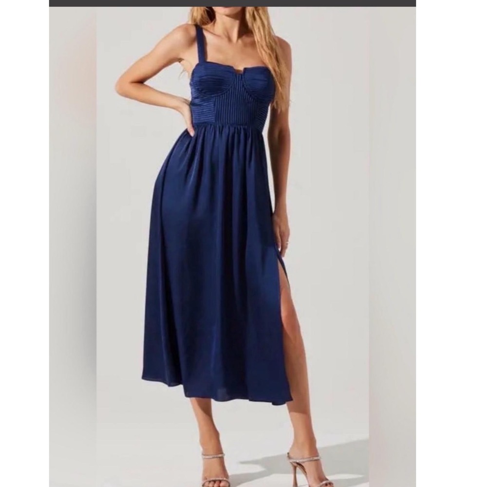 ASTR The Label Navy Blue Satin Bustier Midi Dress Pleated Bodice Side Slit S